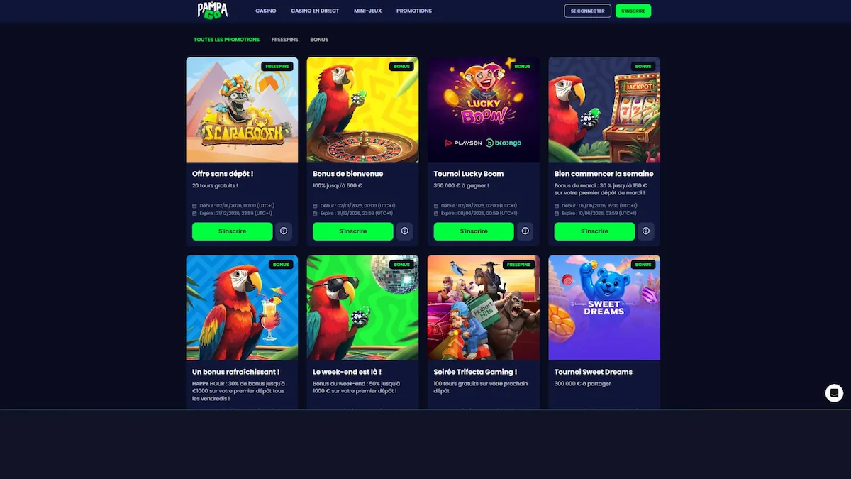 Découvrez le calendrier complet des promotions régulières et avantages VIP sur Pampago.